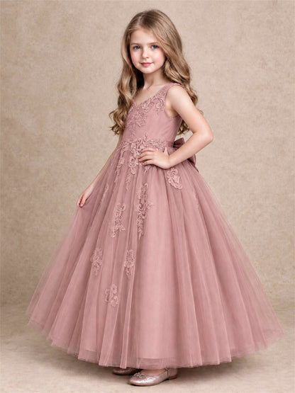 V Neck Lace Applique Tulle Flower Girl Dress Kids Wedding Party Princess Gown