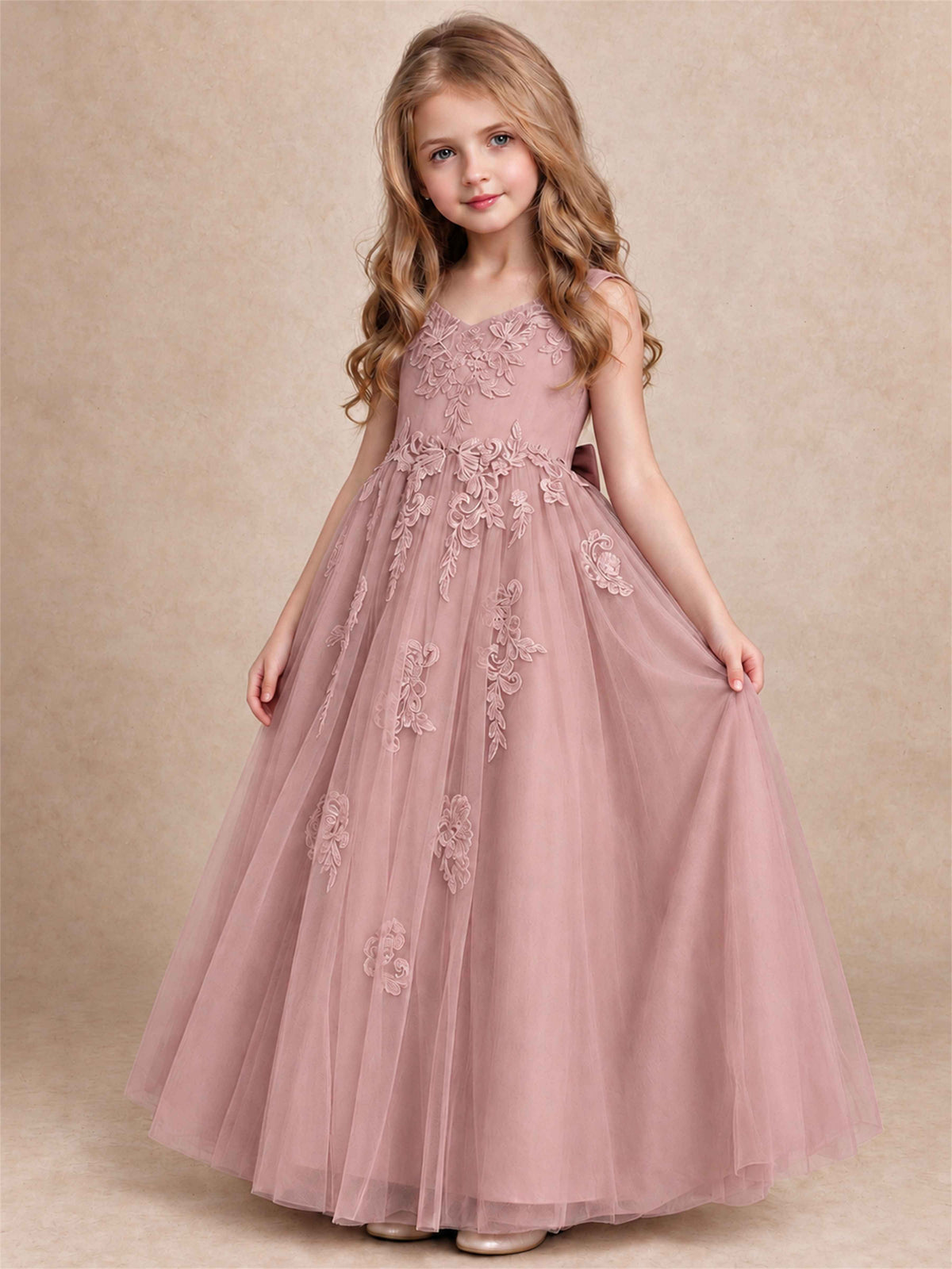 V Neck Lace Applique Tulle Flower Girl Dress Kids Wedding Party Princess Gown