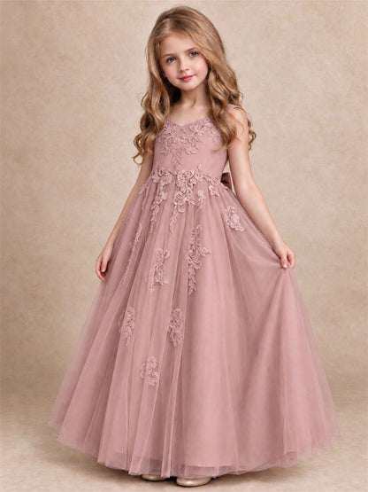 V Neck Lace Applique Tulle Flower Girl Dress Kids Wedding Party Princess Gown