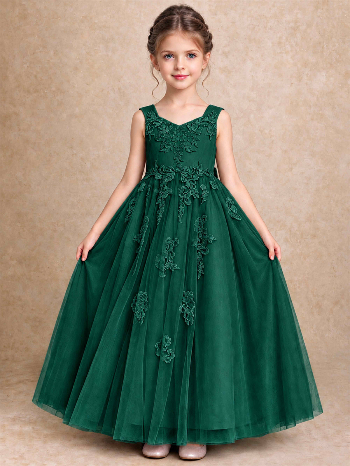 V Neck Lace Applique Tulle Flower Girl Dress Kids Wedding Party Princess Gown
