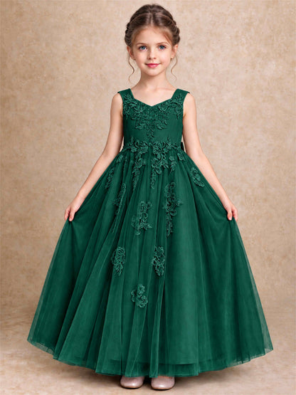 V Neck Lace Applique Tulle Flower Girl Dress Kids Wedding Party Princess Gown