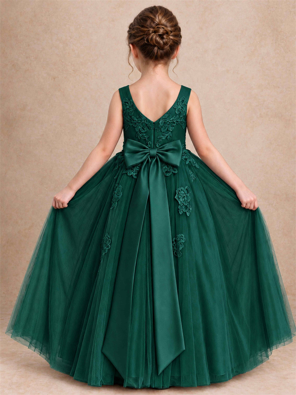 V Neck Lace Applique Tulle Flower Girl Dress Kids Wedding Party Princess Gown