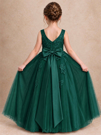 V Neck Lace Applique Tulle Flower Girl Dress Kids Wedding Party Princess Gown