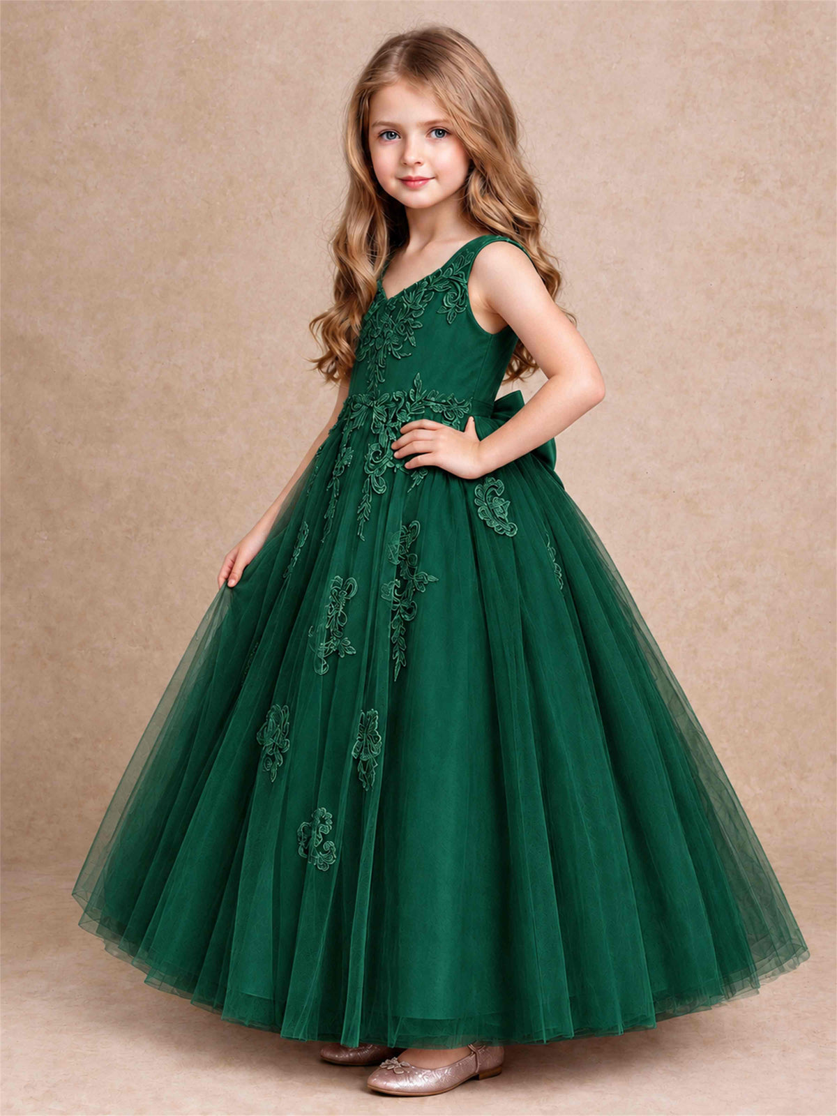 V Neck Lace Applique Tulle Flower Girl Dress Kids Wedding Party Princess Gown