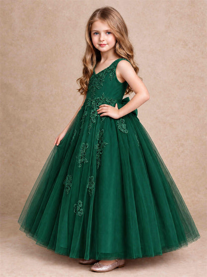 V Neck Lace Applique Tulle Flower Girl Dress Kids Wedding Party Princess Gown