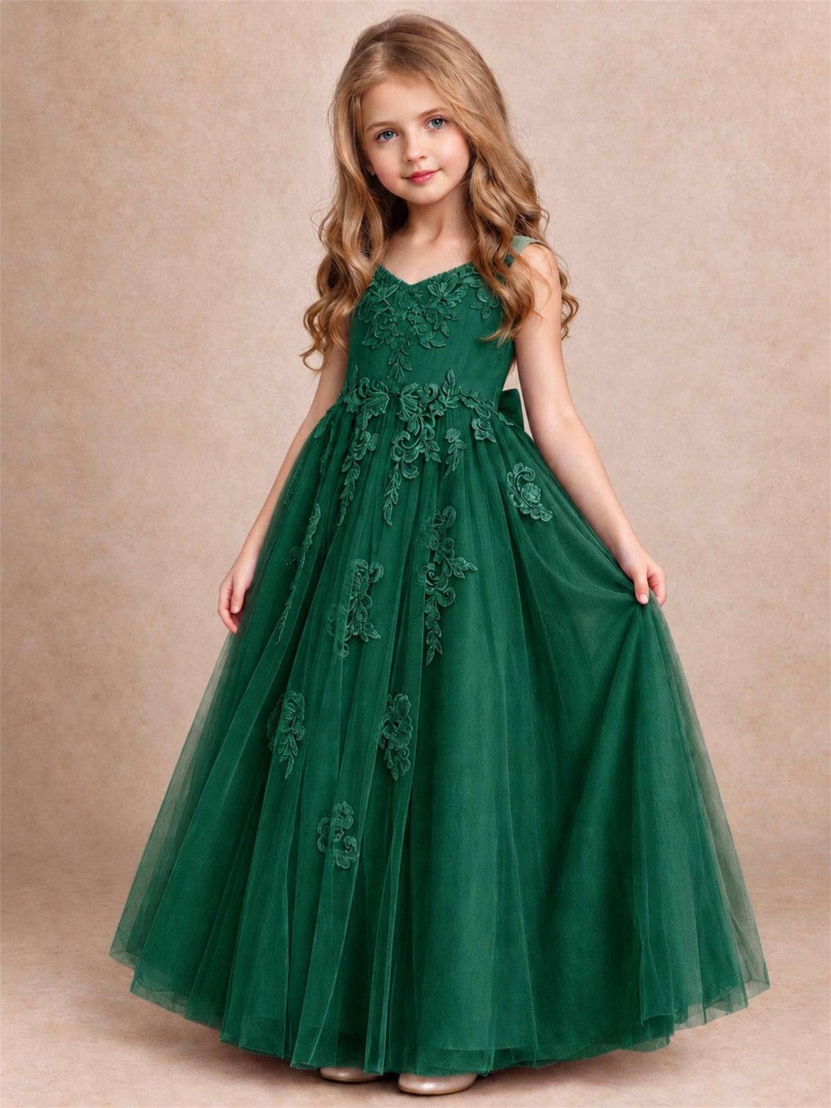 V Neck Lace Applique Tulle Flower Girl Dress Kids Wedding Party Princess Gown
