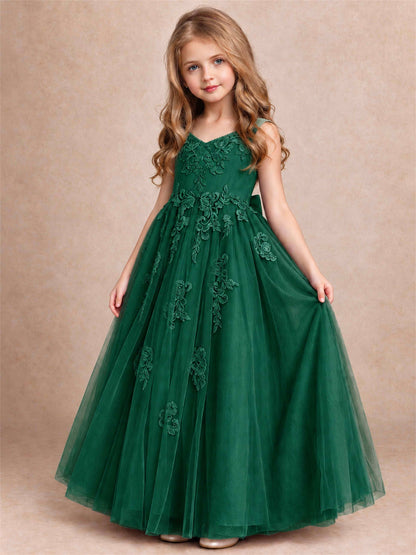 V Neck Lace Applique Tulle Flower Girl Dress Kids Wedding Party Princess Gown
