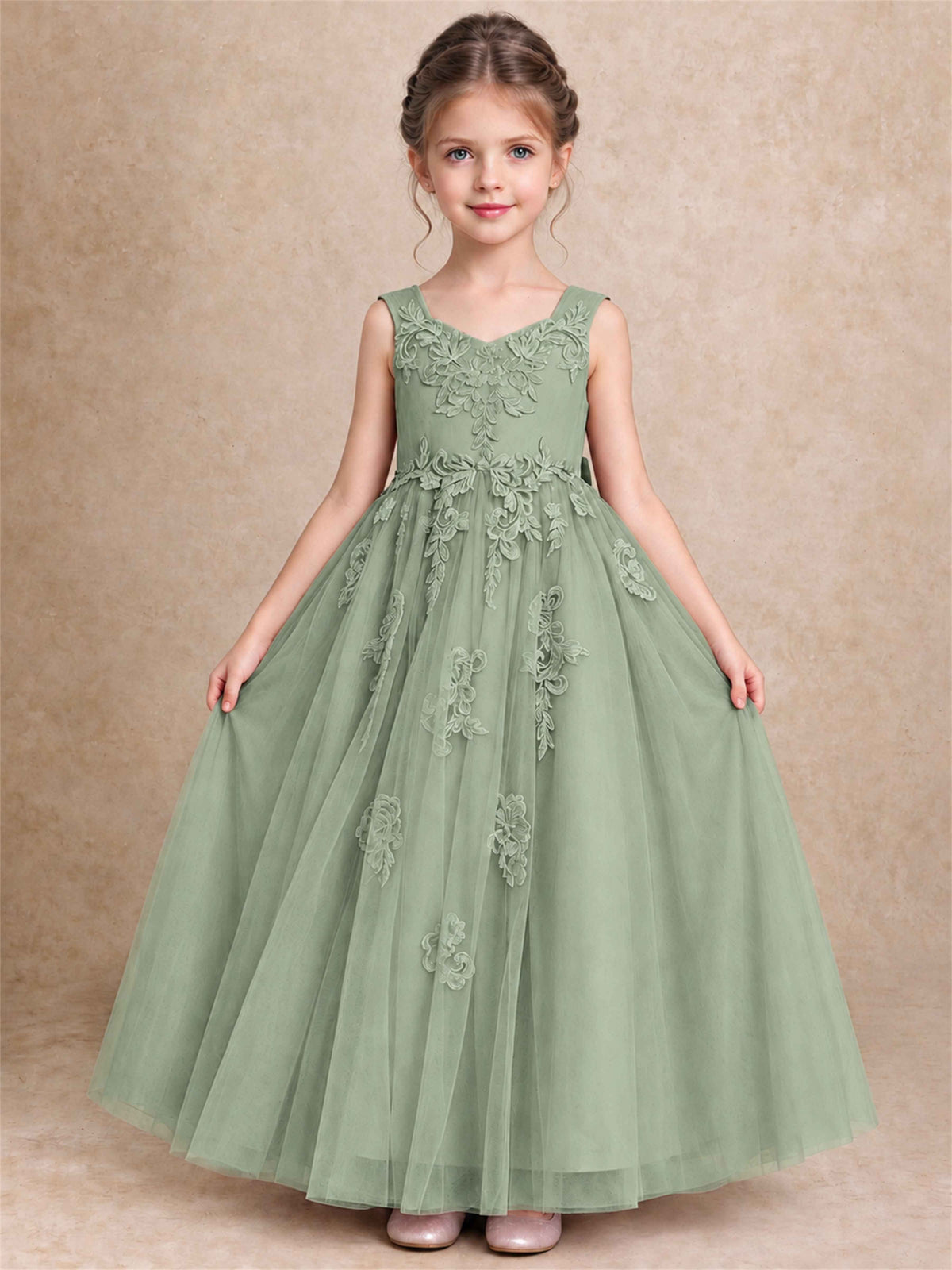 V Neck Lace Applique Tulle Flower Girl Dress Kids Wedding Party Princess Gown