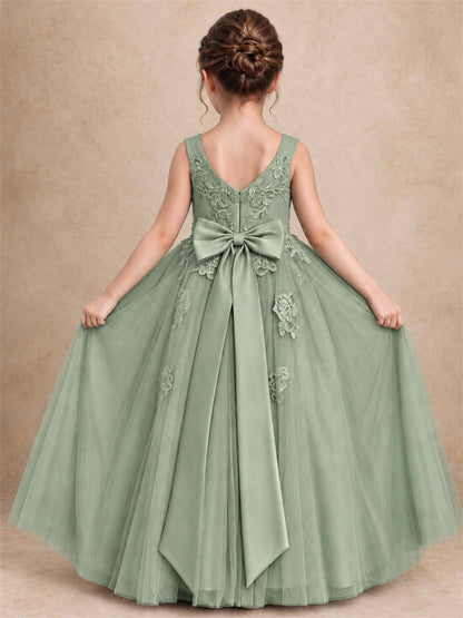 V Neck Lace Applique Tulle Flower Girl Dress Kids Wedding Party Princess Gown