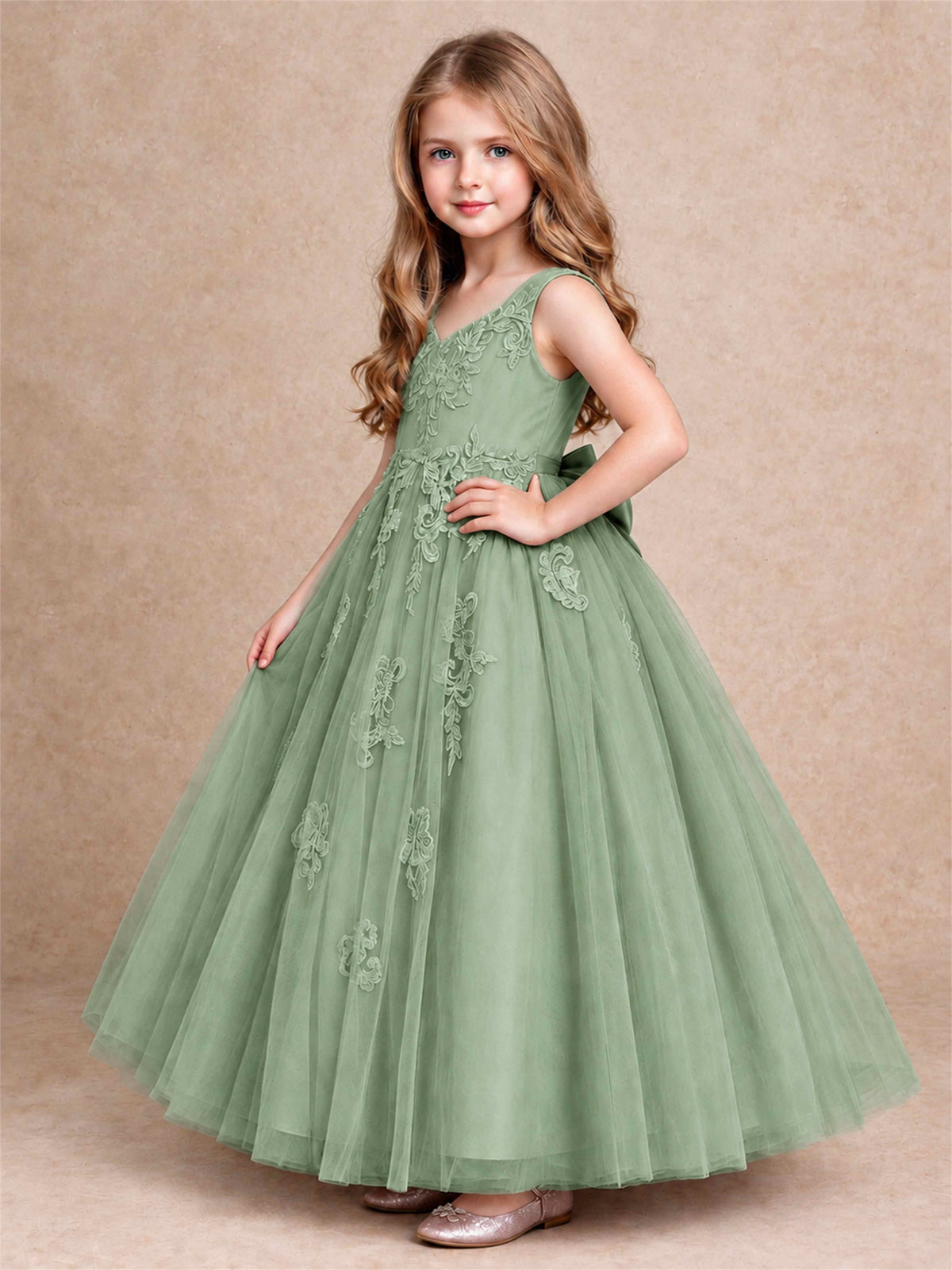 V Neck Lace Applique Tulle Flower Girl Dress Kids Wedding Party Princess Gown