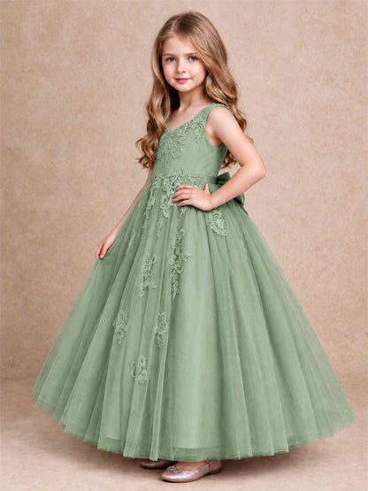 V Neck Lace Applique Tulle Flower Girl Dress Kids Wedding Party Princess Gown