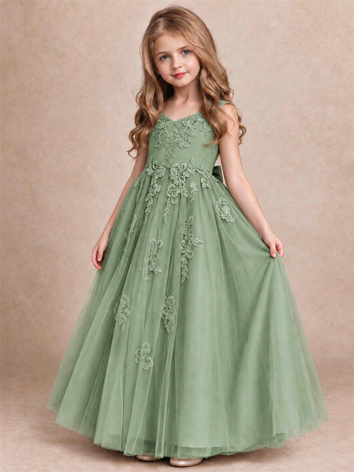 V Neck Lace Applique Tulle Flower Girl Dress Kids Wedding Party Princess Gown