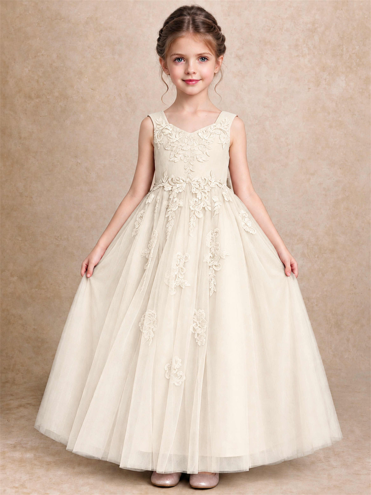V Neck Lace Applique Tulle Flower Girl Dress Kids Wedding Party Princess Gown