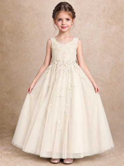 V Neck Lace Applique Tulle Flower Girl Dress Kids Wedding Party Princess Gown