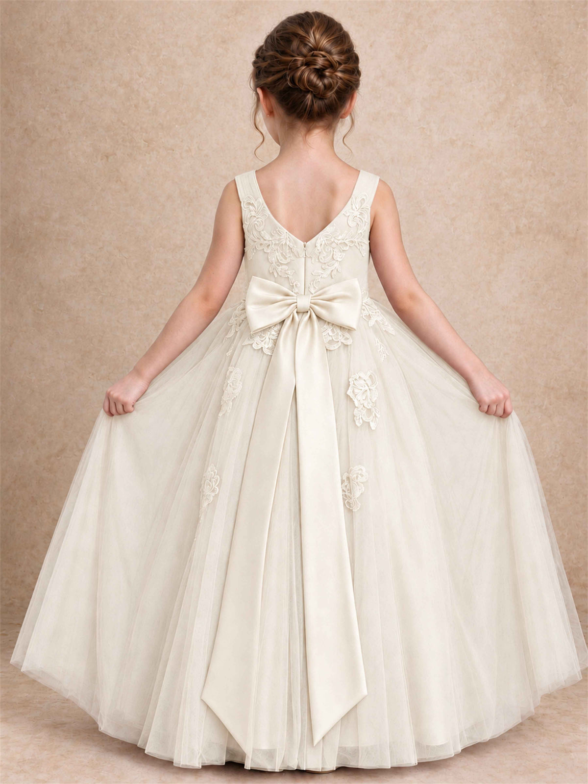 V Neck Lace Applique Tulle Flower Girl Dress Kids Wedding Party Princess Gown