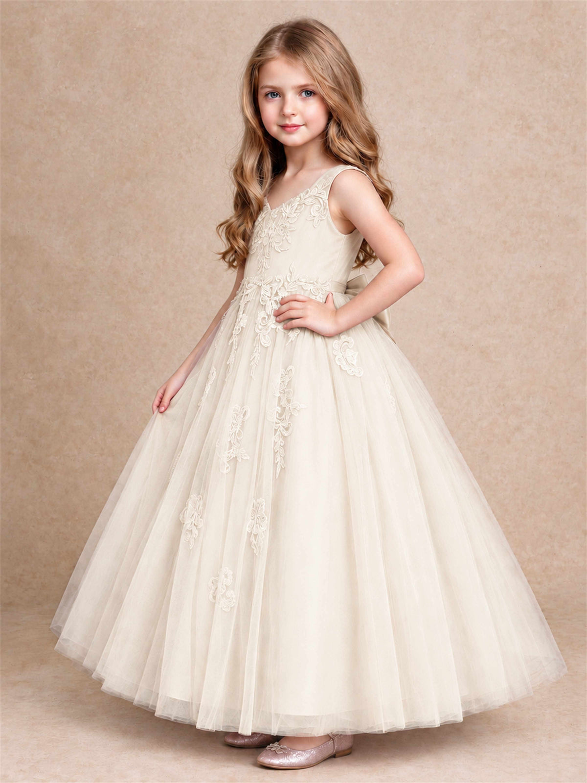 V Neck Lace Applique Tulle Flower Girl Dress Kids Wedding Party Princess Gown