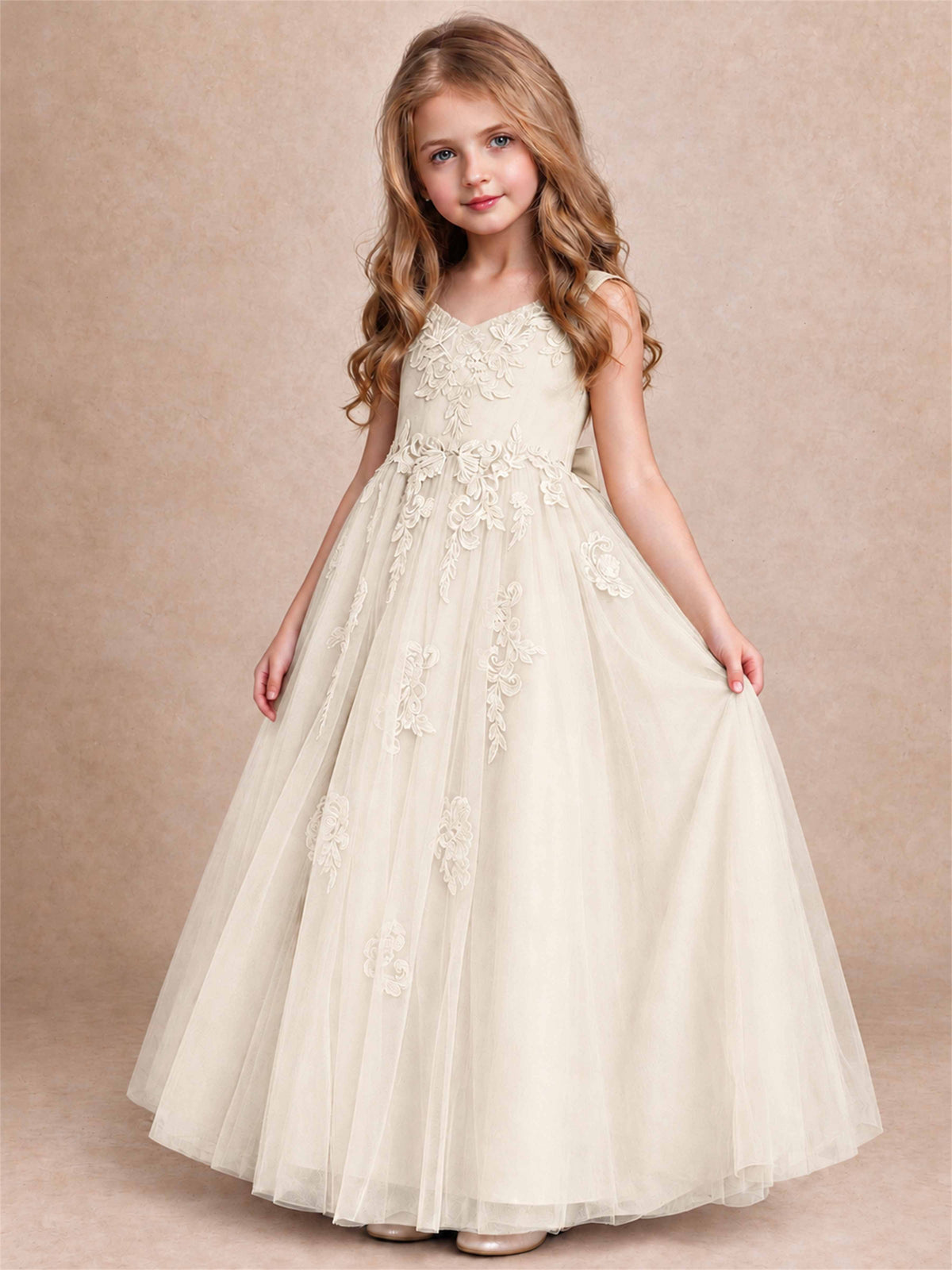 V Neck Lace Applique Tulle Flower Girl Dress Kids Wedding Party Princess Gown