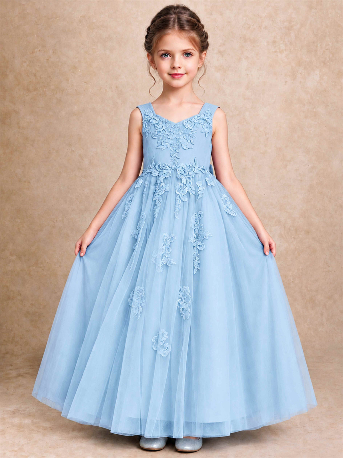 V Neck Lace Applique Tulle Flower Girl Dress Kids Wedding Party Princess Gown