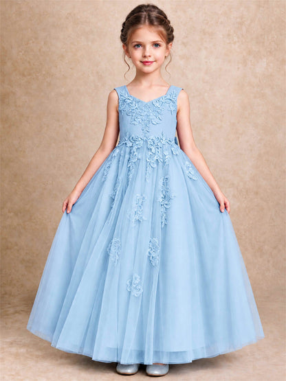 V Neck Lace Applique Tulle Flower Girl Dress Kids Wedding Party Princess Gown