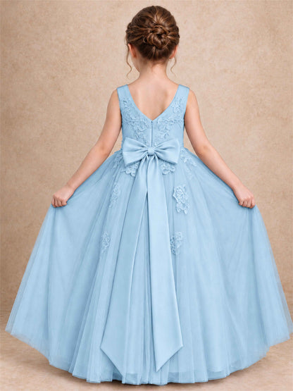 V Neck Lace Applique Tulle Flower Girl Dress Kids Wedding Party Princess Gown