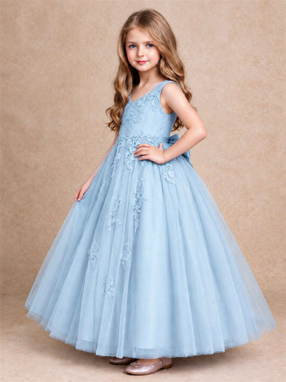 V Neck Lace Applique Tulle Flower Girl Dress Kids Wedding Party Princess Gown