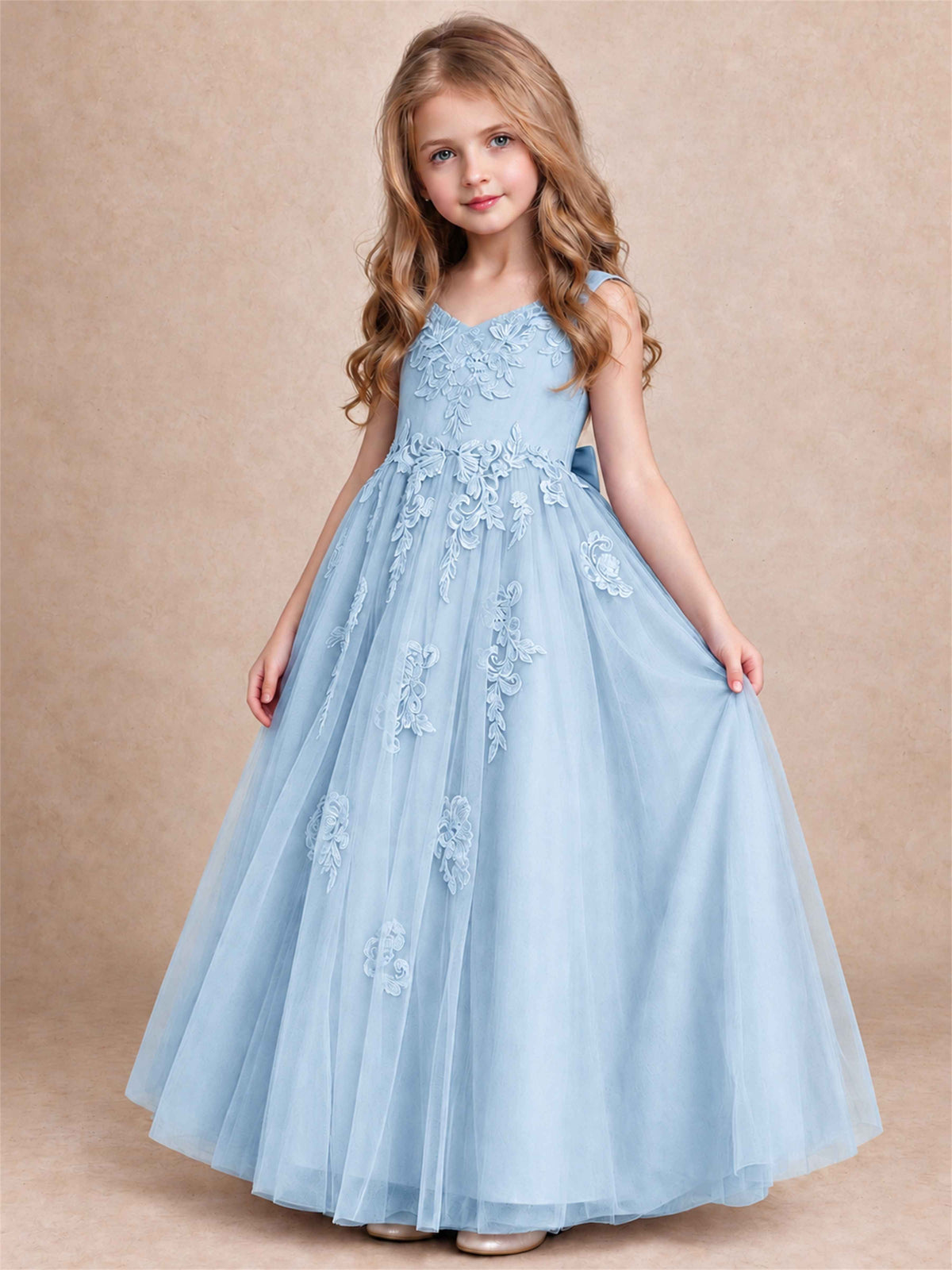 V Neck Lace Applique Tulle Flower Girl Dress Kids Wedding Party Princess Gown