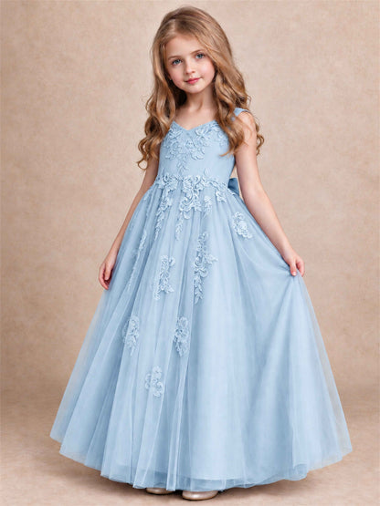 V Neck Lace Applique Tulle Flower Girl Dress Kids Wedding Party Princess Gown