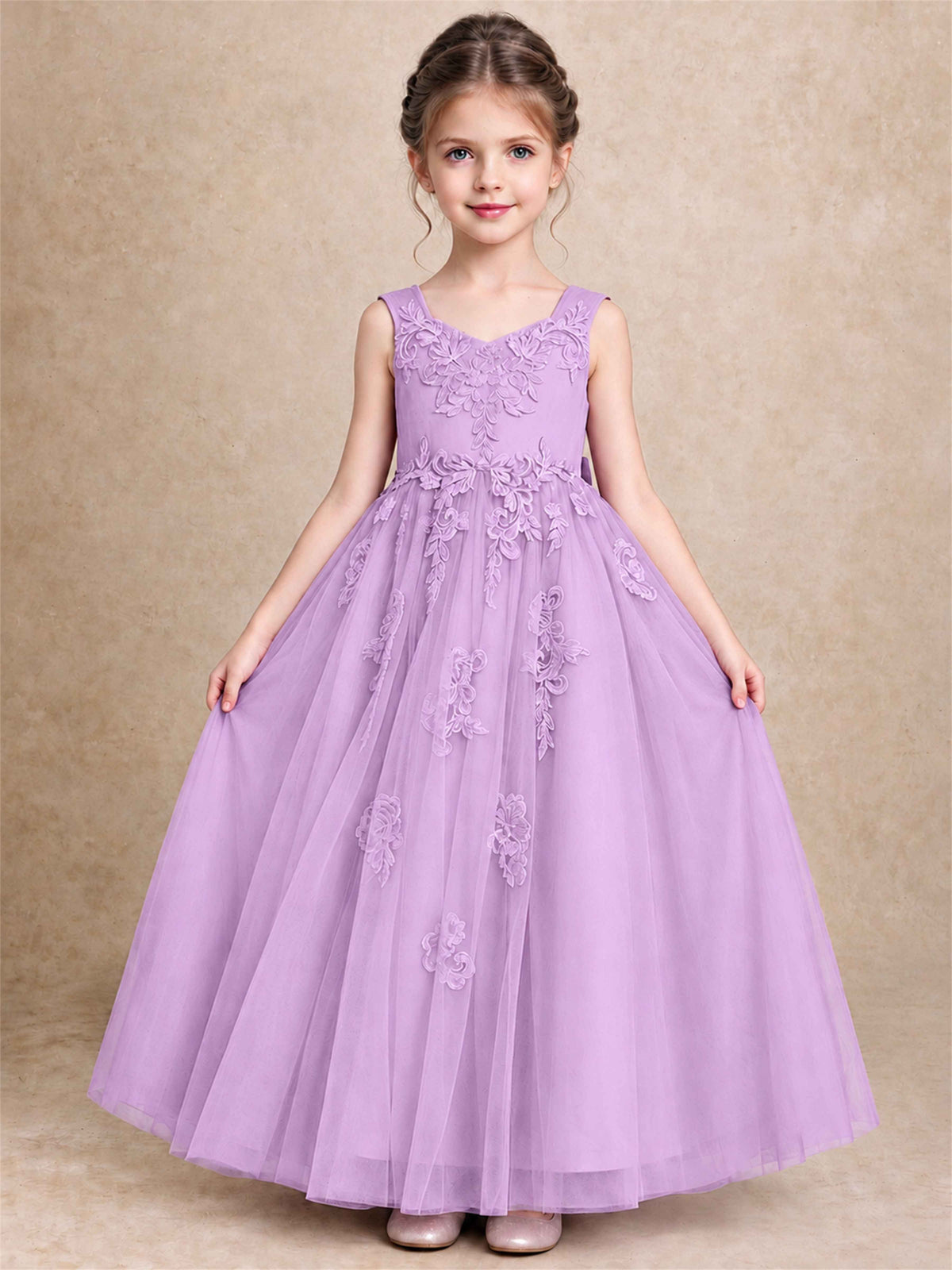 V Neck Lace Applique Tulle Flower Girl Dress Kids Wedding Party Princess Gown