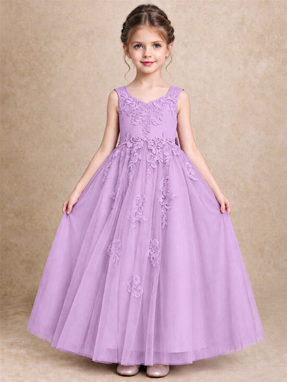 V Neck Lace Applique Tulle Flower Girl Dress Kids Wedding Party Princess Gown