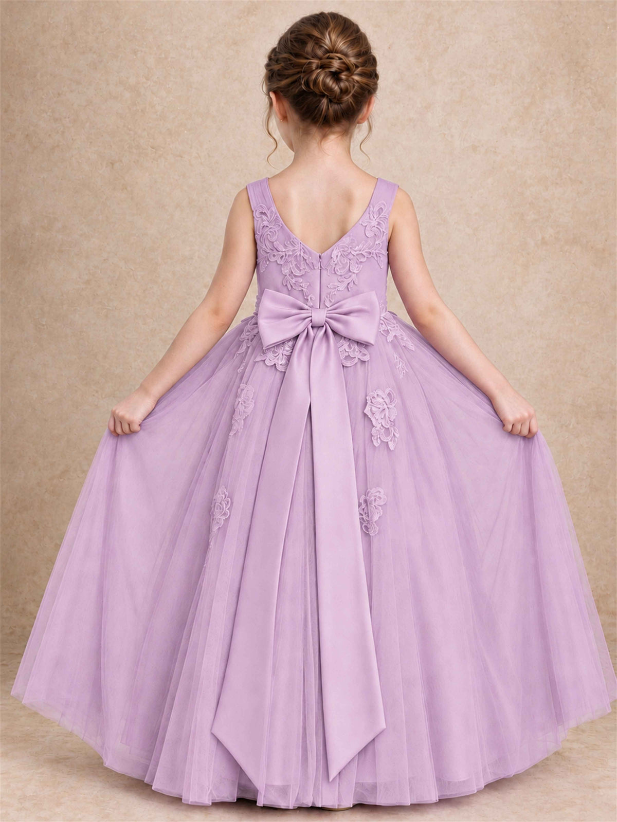 V Neck Lace Applique Tulle Flower Girl Dress Kids Wedding Party Princess Gown