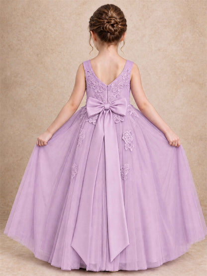 V Neck Lace Applique Tulle Flower Girl Dress Kids Wedding Party Princess Gown
