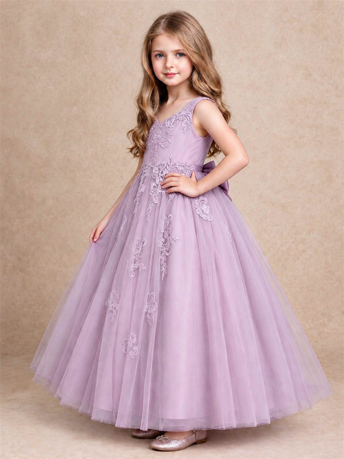V Neck Lace Applique Tulle Flower Girl Dress Kids Wedding Party Princess Gown