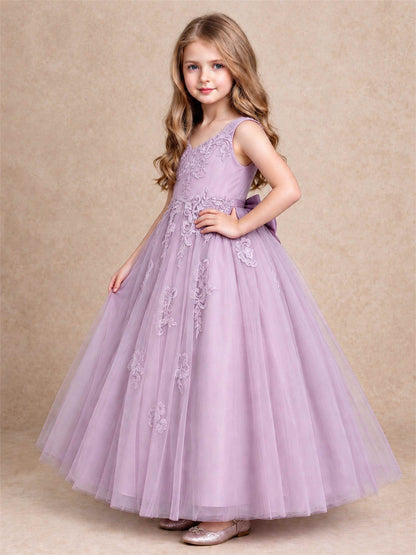 V Neck Lace Applique Tulle Flower Girl Dress Kids Wedding Party Princess Gown