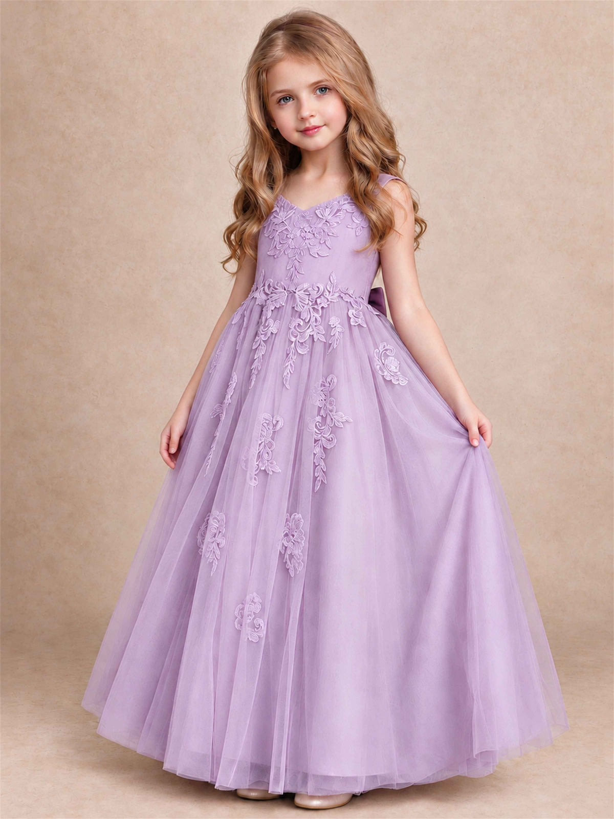V Neck Lace Applique Tulle Flower Girl Dress Kids Wedding Party Princess Gown