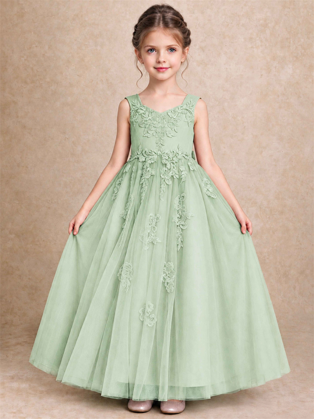 V Neck Lace Applique Tulle Flower Girl Dress Kids Wedding Party Princess Gown
