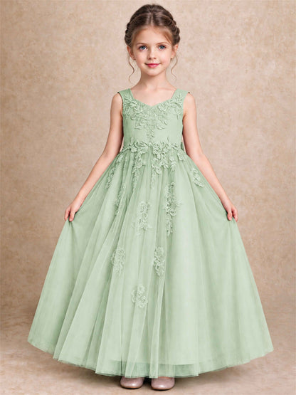 V Neck Lace Applique Tulle Flower Girl Dress Kids Wedding Party Princess Gown