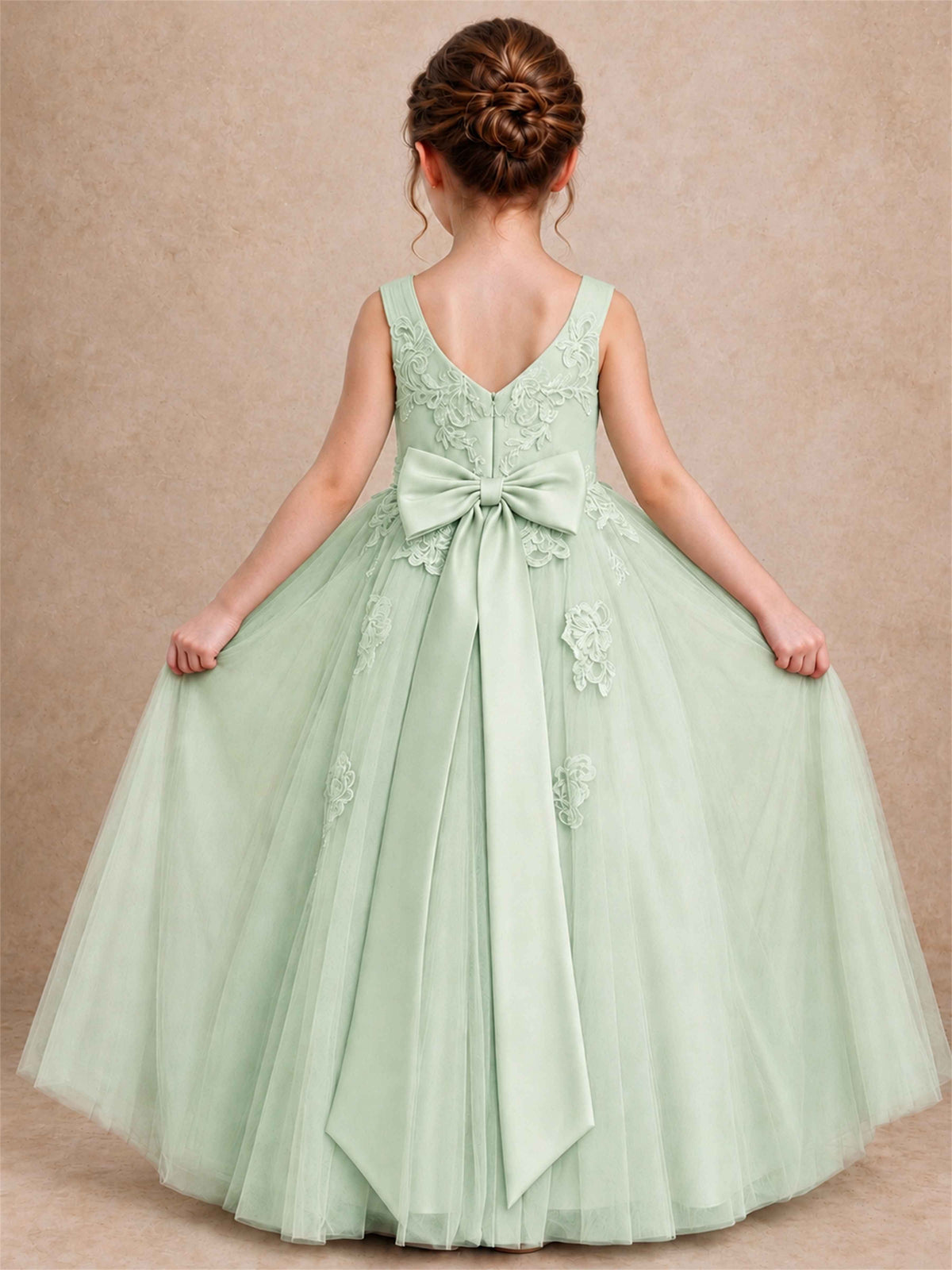 V Neck Lace Applique Tulle Flower Girl Dress Kids Wedding Party Princess Gown