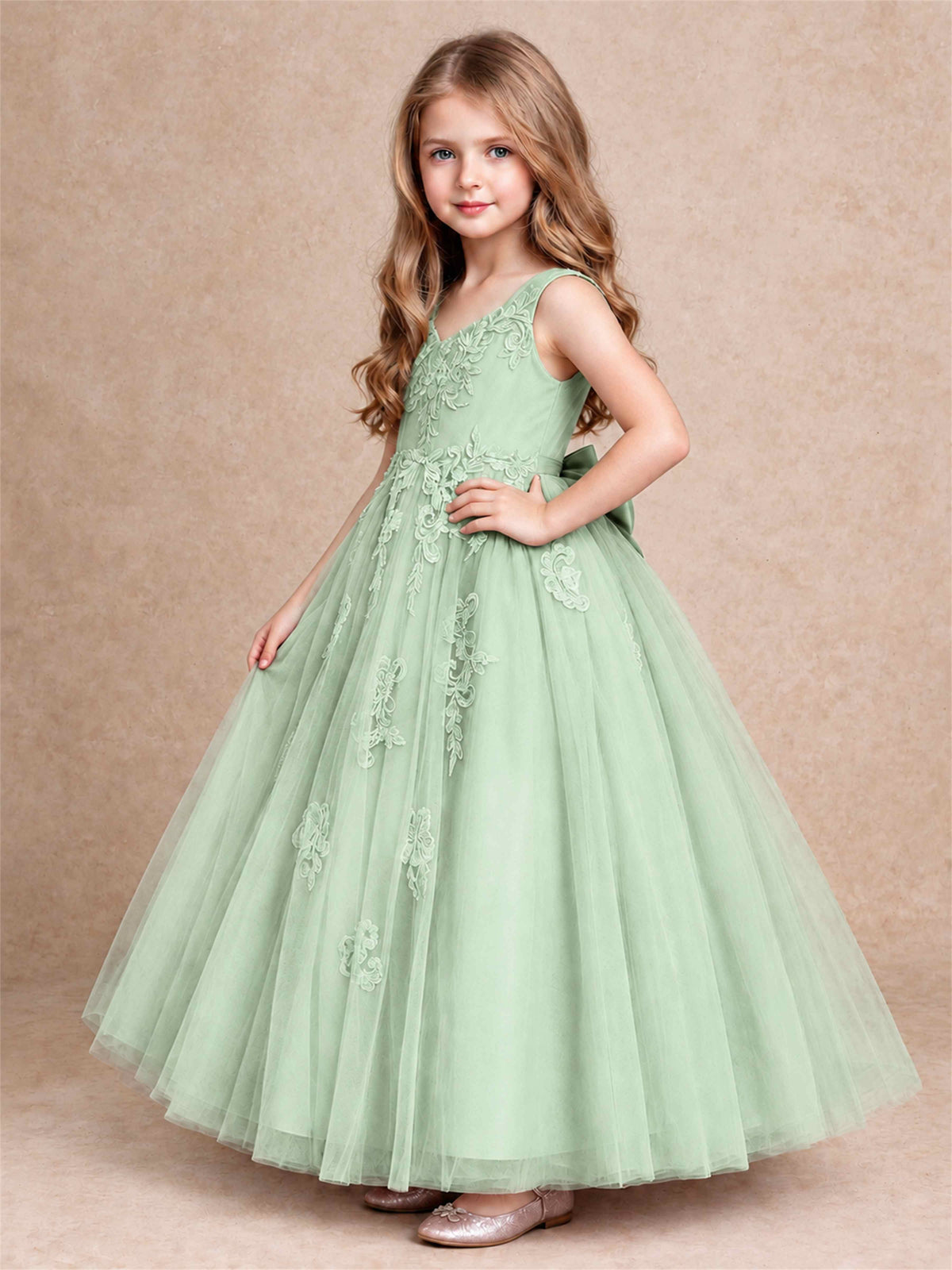 V Neck Lace Applique Tulle Flower Girl Dress Kids Wedding Party Princess Gown