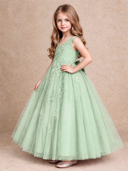 V Neck Lace Applique Tulle Flower Girl Dress Kids Wedding Party Princess Gown