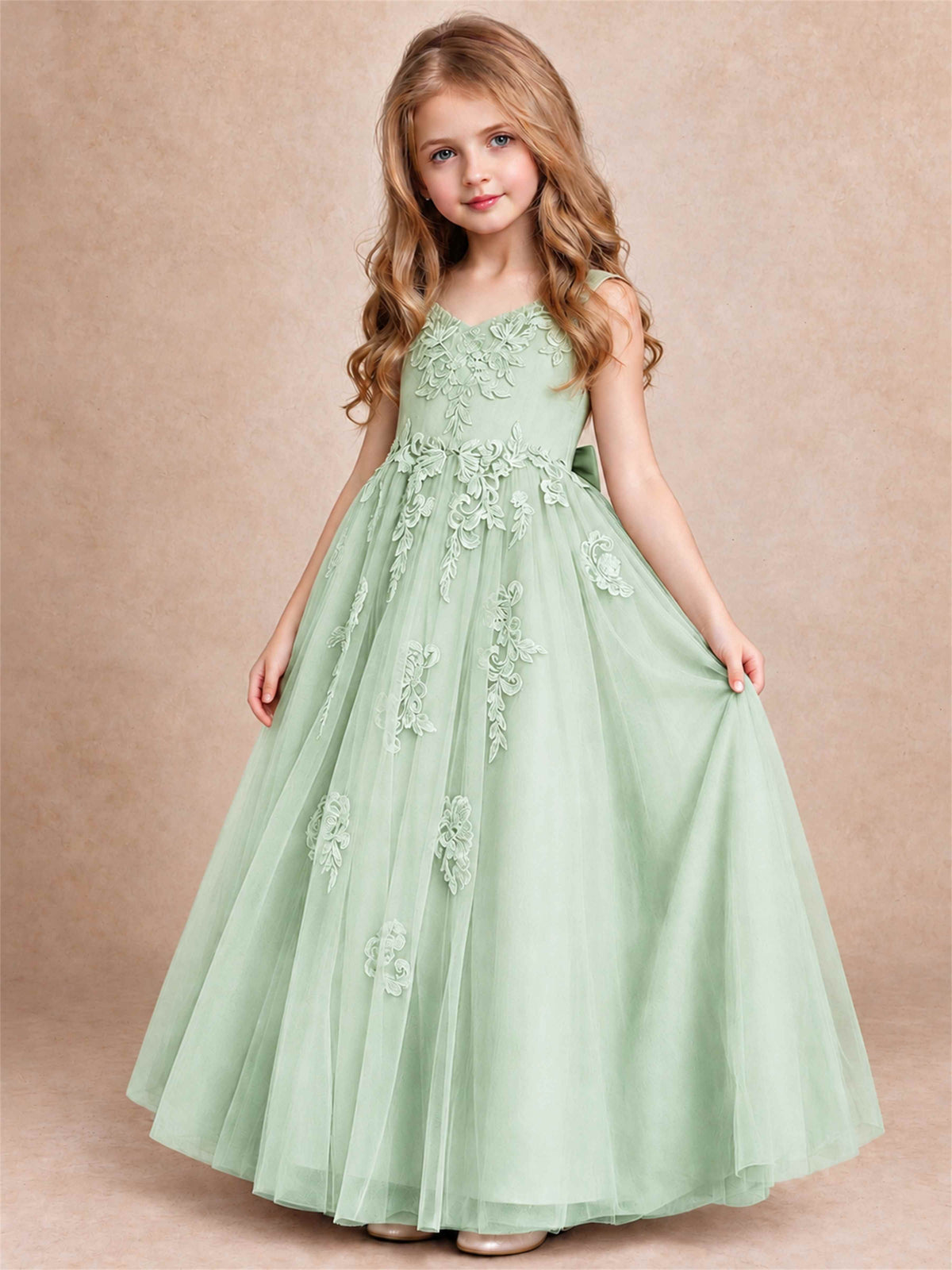 V Neck Lace Applique Tulle Flower Girl Dress Kids Wedding Party Princess Gown