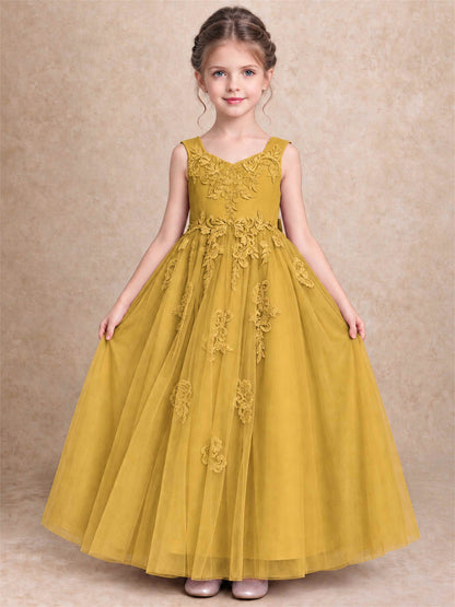 V Neck Lace Applique Tulle Flower Girl Dress Kids Wedding Party Princess Gown
