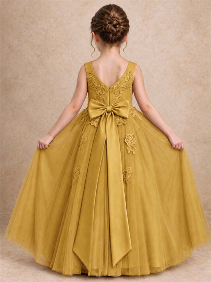 V Neck Lace Applique Tulle Flower Girl Dress Kids Wedding Party Princess Gown