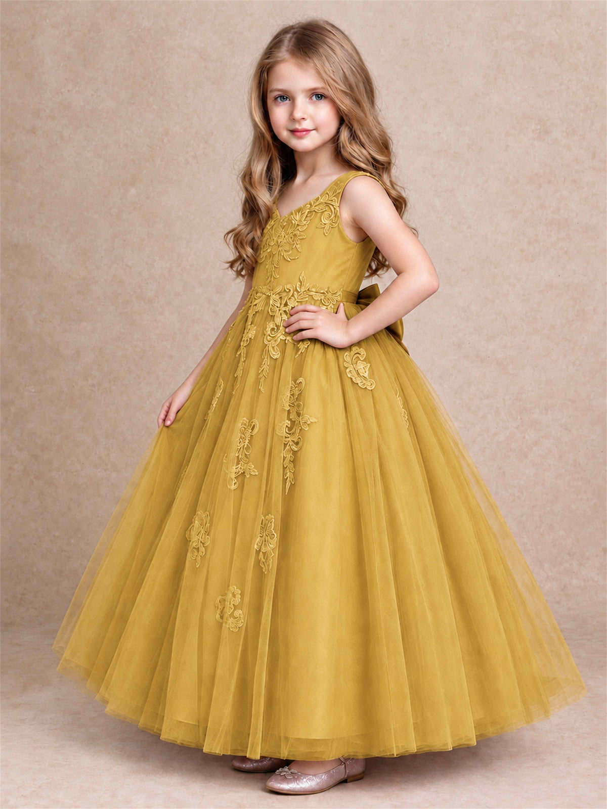 V Neck Lace Applique Tulle Flower Girl Dress Kids Wedding Party Princess Gown