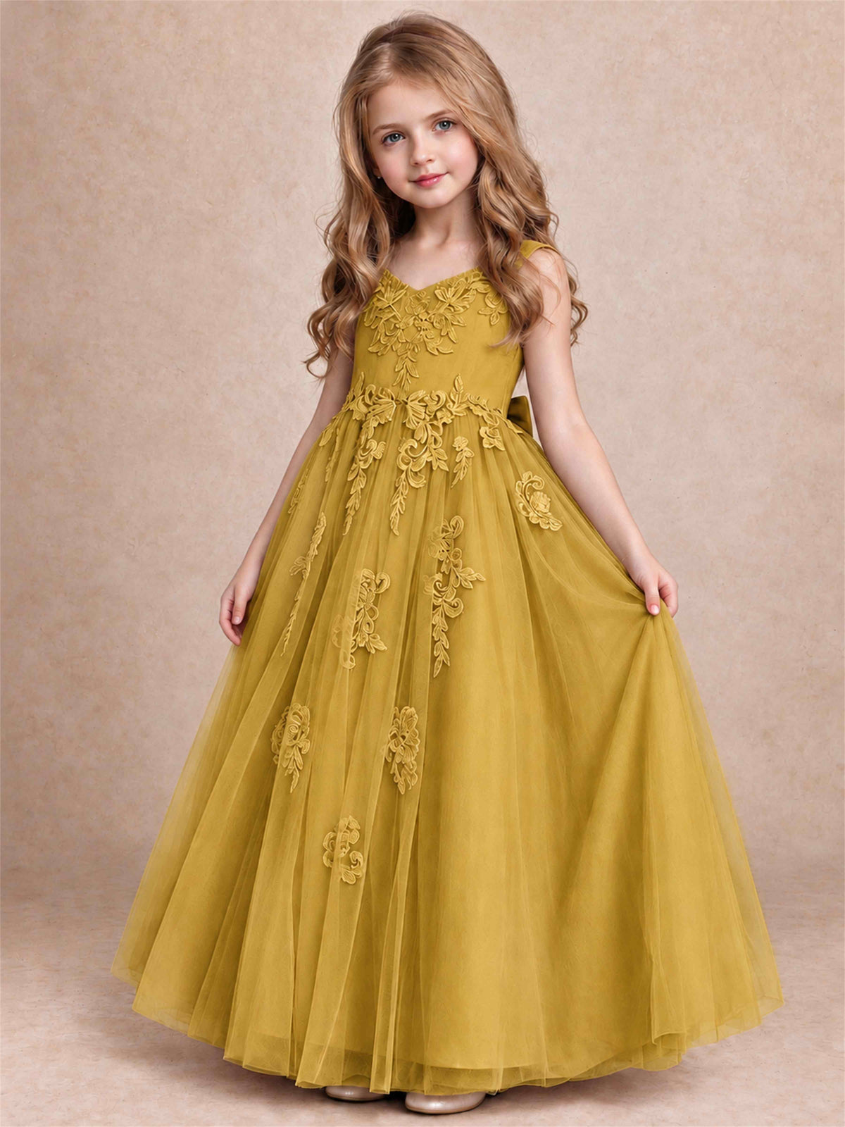 V Neck Lace Applique Tulle Flower Girl Dress Kids Wedding Party Princess Gown
