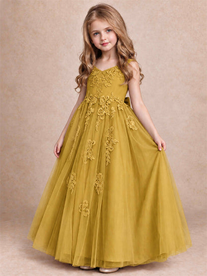 V Neck Lace Applique Tulle Flower Girl Dress Kids Wedding Party Princess Gown
