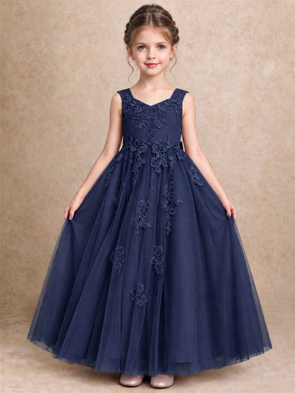 V Neck Lace Applique Tulle Flower Girl Dress Kids Wedding Party Princess Gown