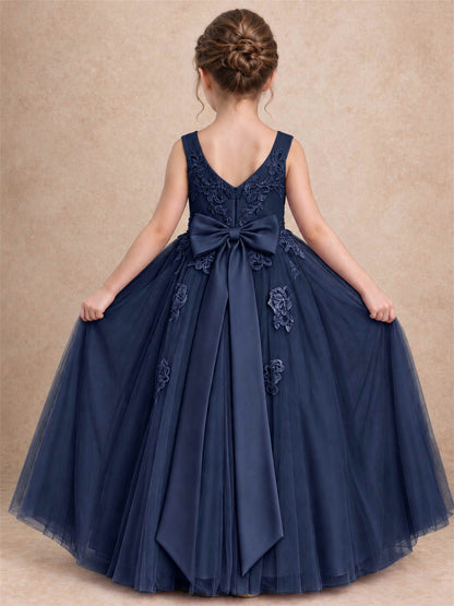 V Neck Lace Applique Tulle Flower Girl Dress Kids Wedding Party Princess Gown