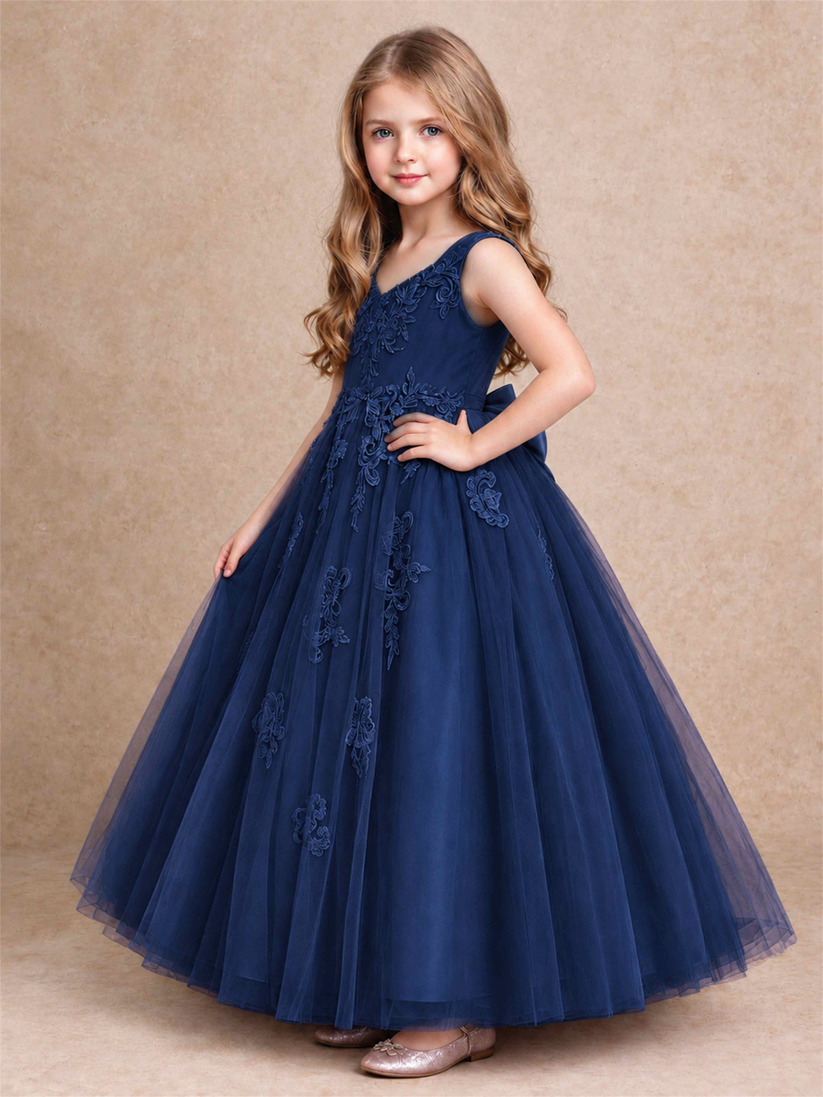 V Neck Lace Applique Tulle Flower Girl Dress Kids Wedding Party Princess Gown
