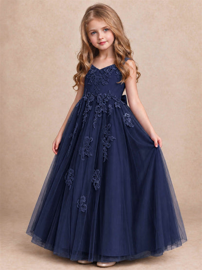 V Neck Lace Applique Tulle Flower Girl Dress Kids Wedding Party Princess Gown