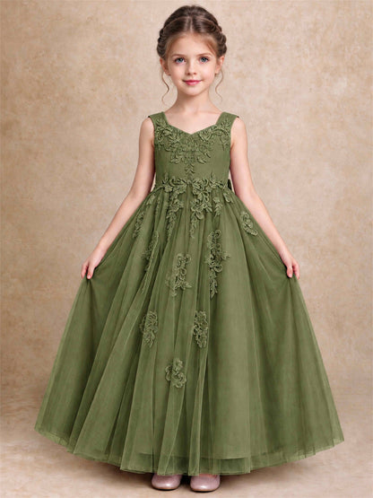 V Neck Lace Applique Tulle Flower Girl Dress Kids Wedding Party Princess Gown